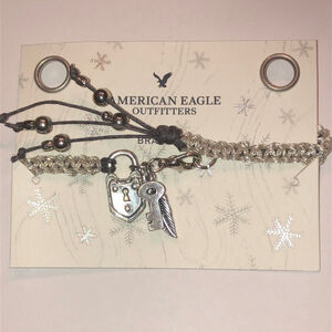 American Eagle AE Silver Tone Lock Key Feather Charm Bracelet